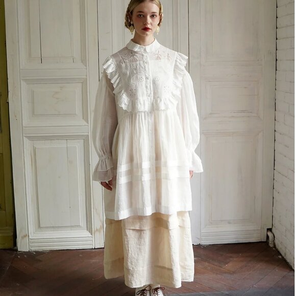 Unlogical Poem Paper-cut Hollow Embroidered Ramie Shirt Dress - Picture 1 of 10